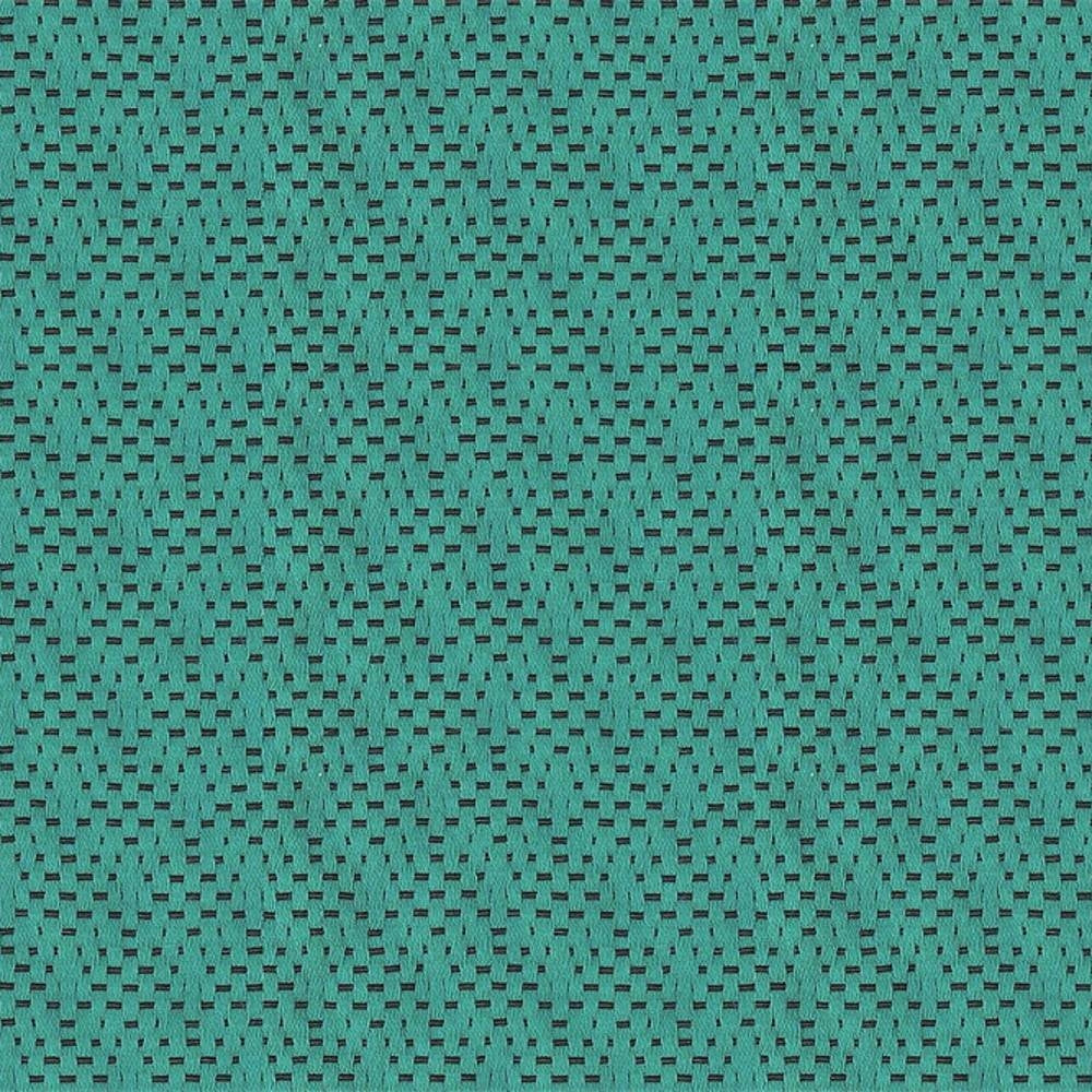 Close-up of teal woven upholstery fabric for sofas, 30% cotton 70% polyester, showing a textured basket-weave with small rectangular black accent openings in a repeating pattern.