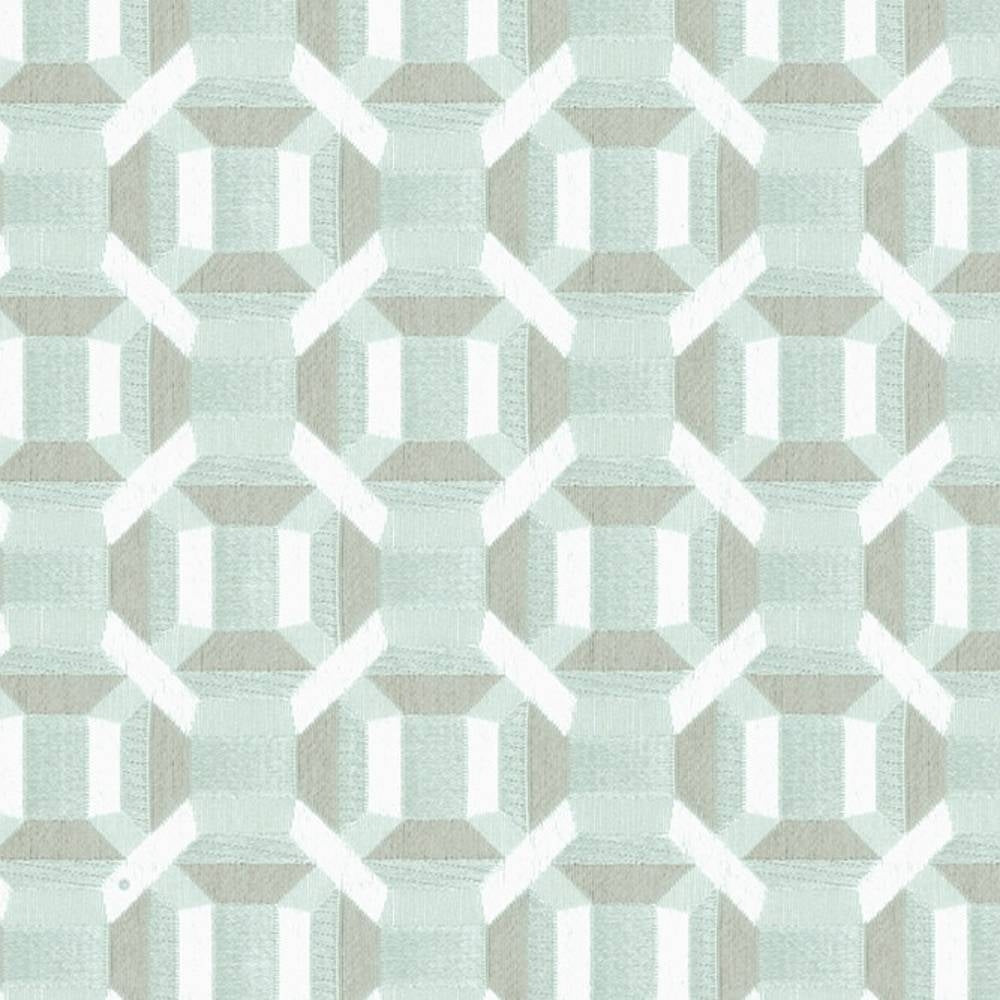 Close-up of 100% polyester upholstery fabric in soft mint, beige and white with a repeating geometric octagon-and-square motif, contemporary modern style for sofas.