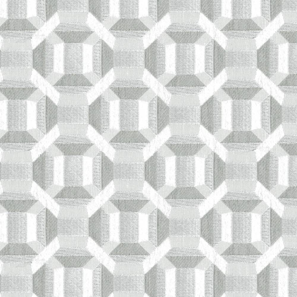 Close-up of a contemporary 100% polyester upholstery fabric in neutral cream and white tones, showing a repeating geometric octagon-and-square jacquard pattern suitable for modern sofas.
