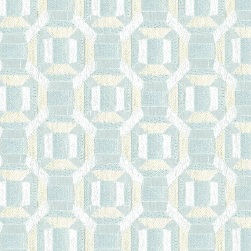 Close-up of 100% polyester upholstery fabric in pale seafoam, cream and white showing a repeating octagonal geometric motif with subtle woven texture and a 2.5 x 2.5 inch pattern repeat, suited for contemporary sofas.