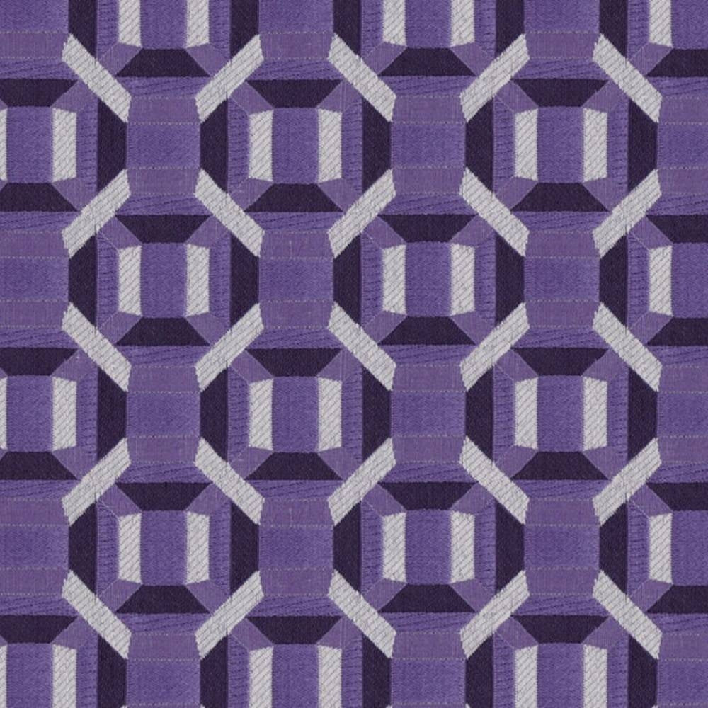 Close-up of purple geometric upholstery fabric showing an interlocking 3D cube motif in dark and light purple and lilac tones, woven 100% polyester for contemporary modern sofas.