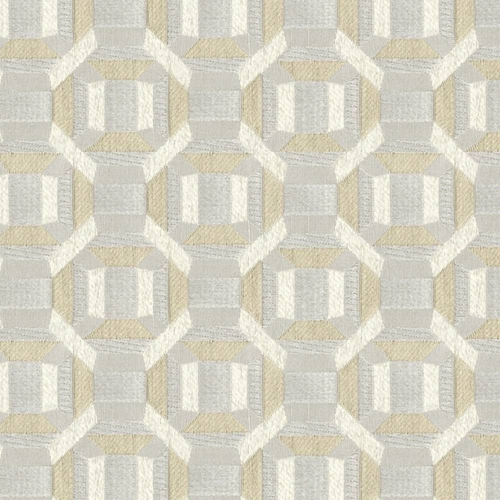 Close-up of a contemporary 100% polyester upholstery fabric in beige and cream with light grey accents, showing a textured jacquard geometric octagon-and-rectangle pattern with a 2.5" x 2.5" repeat for sofas.