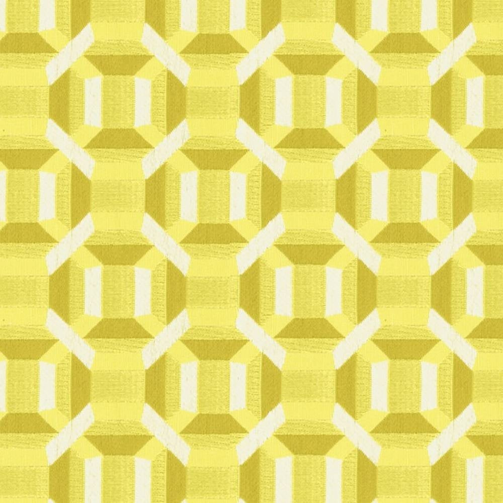 Close-up of bright yellow geometric upholstery fabric in 100% polyester, showing a repeating octagonal-and-square jacquard pattern ideal for contemporary sofas and indoor upholstery.