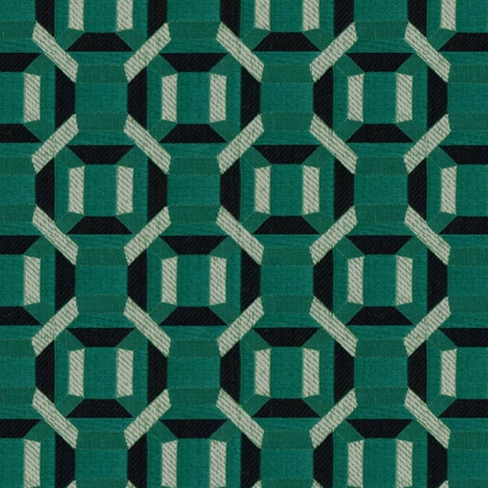 Close-up of 100% polyester upholstery fabric in teal and black with cream striped accents, showing a repeating geometric octagon-and-square pattern for contemporary, modern sofa use.
