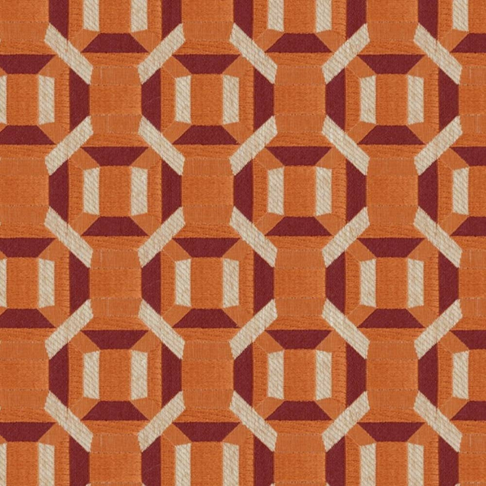 Close-up of a 100% polyester upholstery fabric swatch with a repeating geometric pattern in burnt orange, burgundy and cream textured accents, styled for contemporary sofa applications.