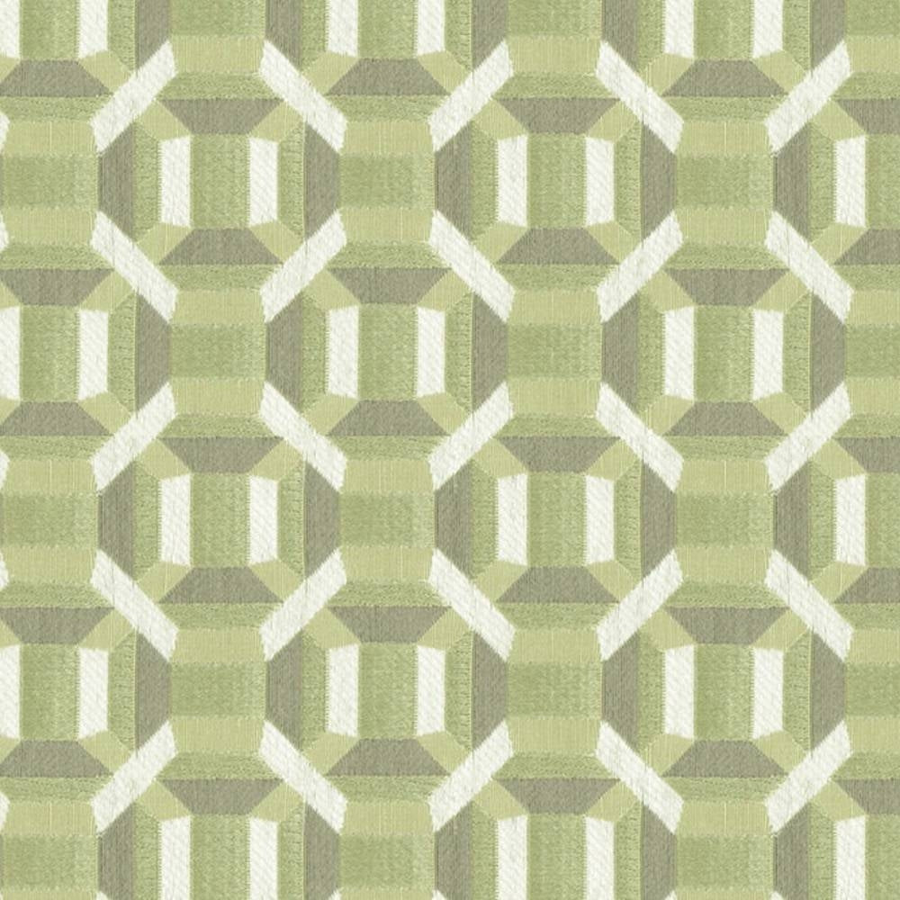 Close-up of 100% polyester upholstery fabric with a repeating geometric octagon pattern in pale green and cream, textured jacquard weave suitable for contemporary sofas.