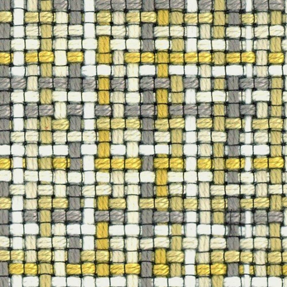 Close-up of yellow, gray and cream woven upholstery fabric showing a small grid plaid texture; 95% acrylic and 5% polyester, designed for contemporary and modern sofas.