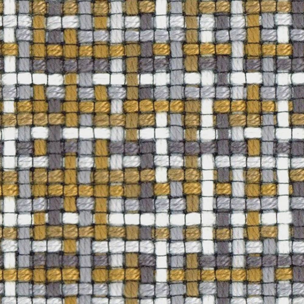 Close-up of a woven upholstery fabric sample for sofas showing a small checked geometric weave in mustard gold, light gray and white with thin black outlining threads; 95% acrylic, 5% polyester for contemporary modern interiors.