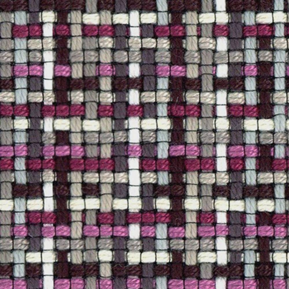 Close-up of woven 95% acrylic, 5% polyester upholstery fabric in a contemporary checked pattern with burgundy, pink, gray and cream yarns.