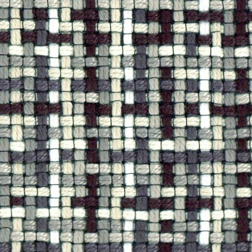 Close-up of neutral woven upholstery fabric in cream, gray and charcoal, showing a small-scale basket-weave texture with visible yarns; 95% acrylic and 5% polyester, suitable for contemporary sofa upholstery.