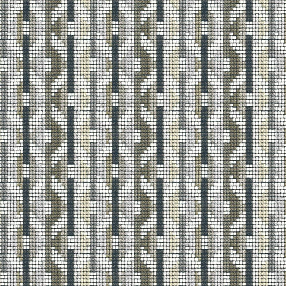 Close-up of woven upholstery fabric in beige and gray with a small square-grid weave and repeating vertical geometric stripe pattern; contemporary sofa fabric made of 95% acrylic and 5% polyester.