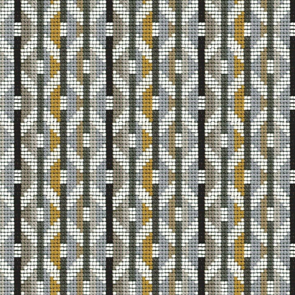 Close-up of contemporary, modern upholstery fabric for sofas in beige, gray, white, black and mustard gold, showing a woven geometric vertical-stripe pattern; 95% acrylic, 5% polyester construction.