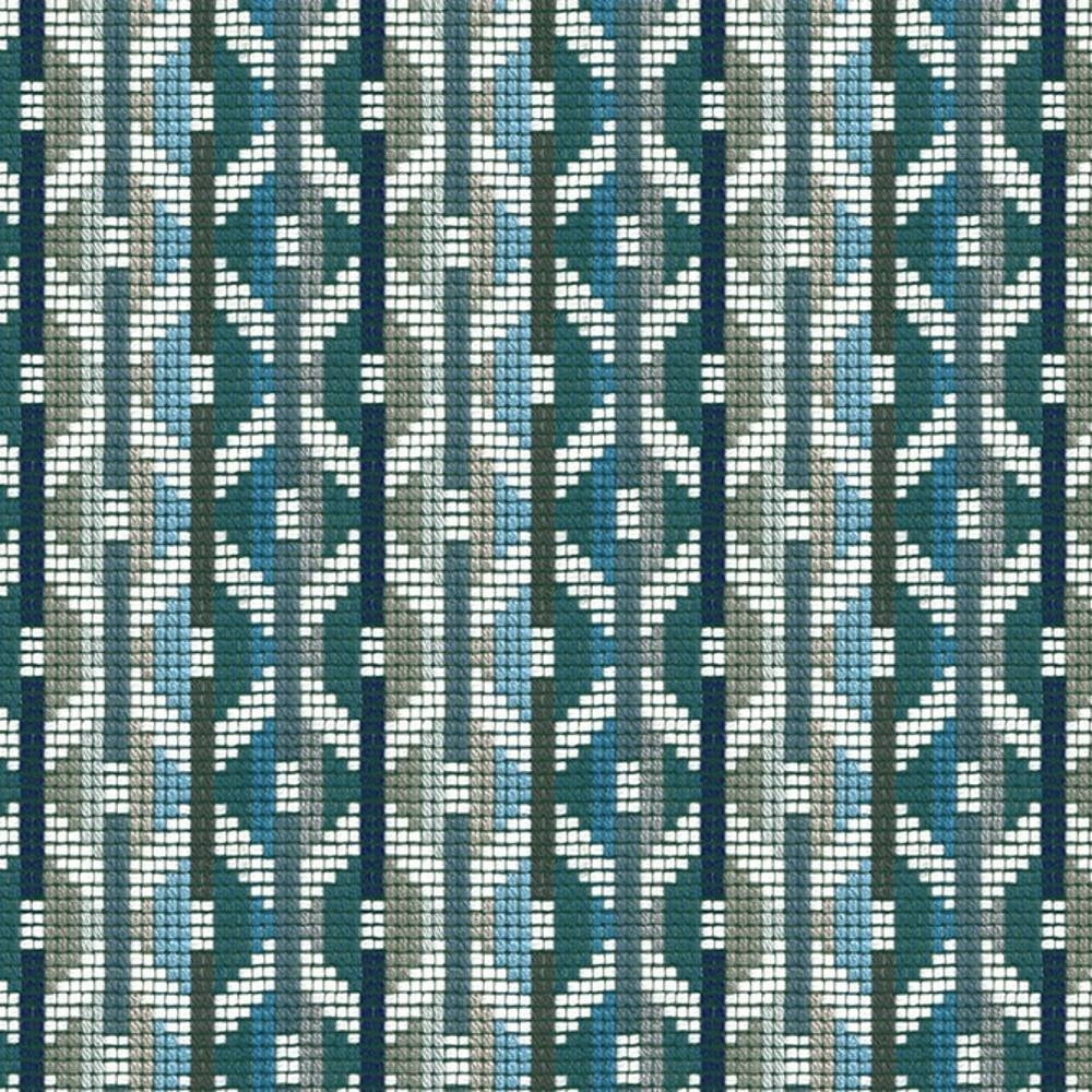 Close-up of woven 95% acrylic, 5% polyester upholstery fabric in teal, gray, light blue and white, showing a repeating geometric chevron motif with a textured basketweave suitable for contemporary sofa upholstery.