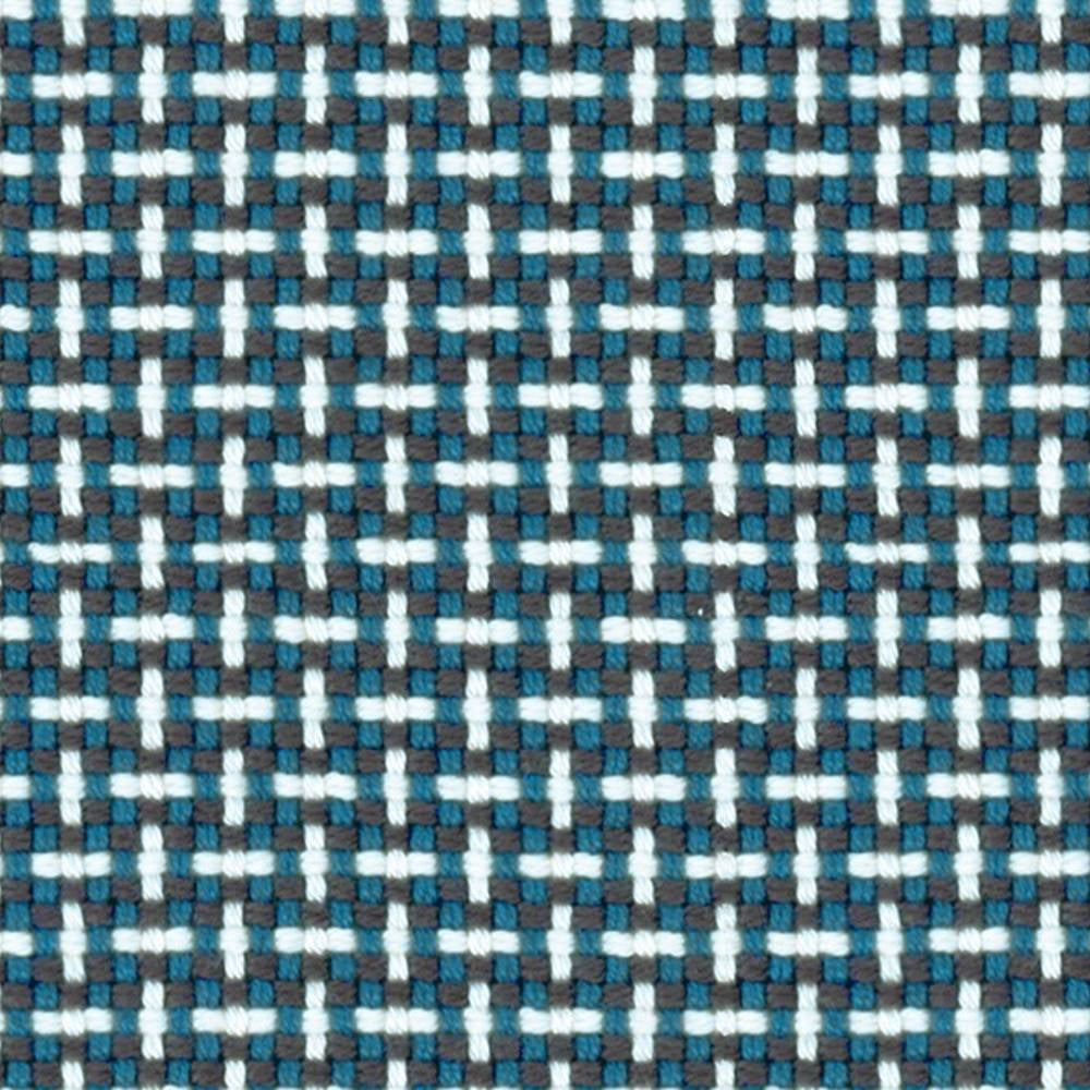 Close-up of woven 100% acrylic upholstery fabric in teal, white and charcoal showing a textured, small-scale grid/check pattern suited for contemporary sofa upholstery.