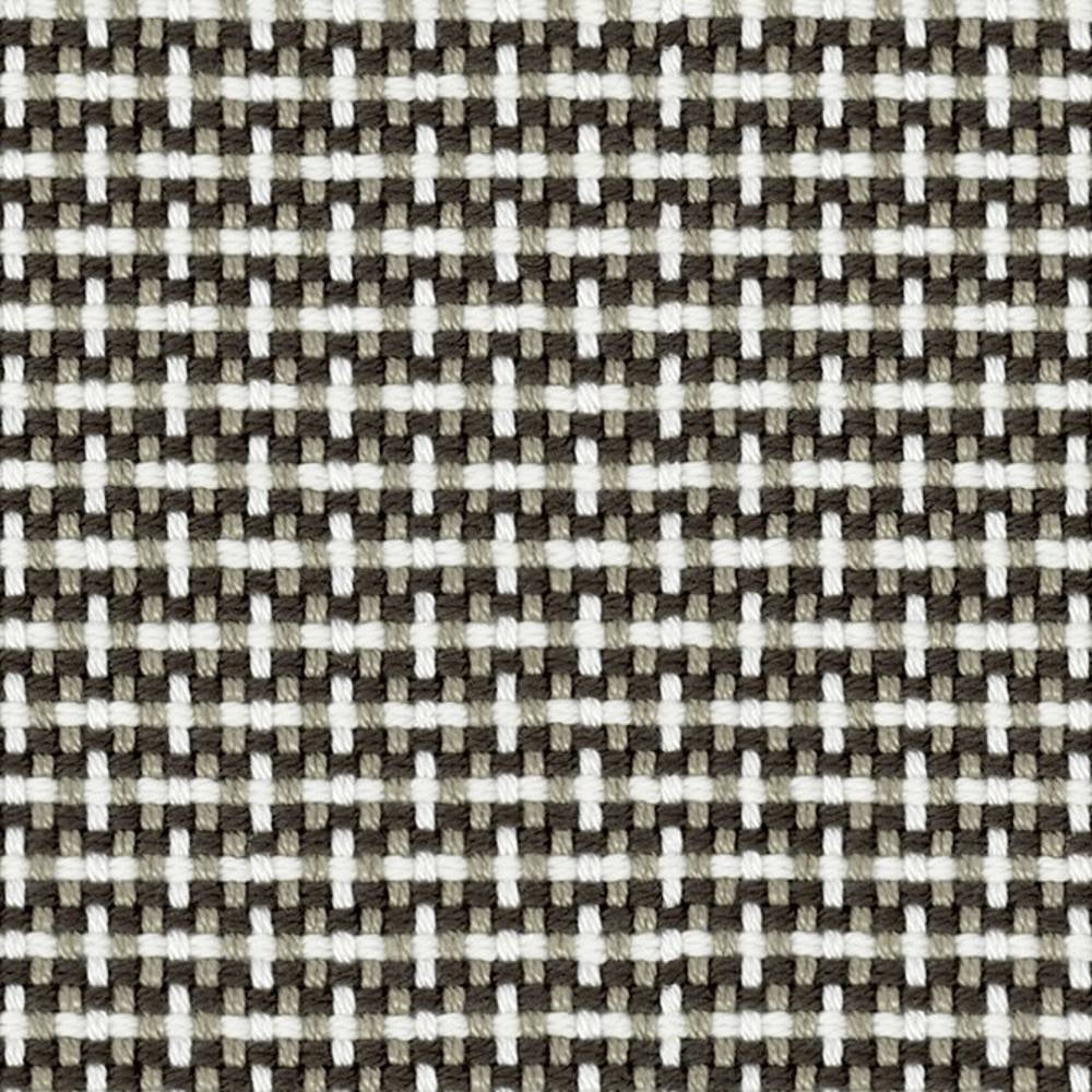 Close-up of 100% acrylic upholstery fabric showing a tight woven checkerboard pattern in beige and white, a neutral contemporary texture suitable for sofas and modern indoor furnishings.