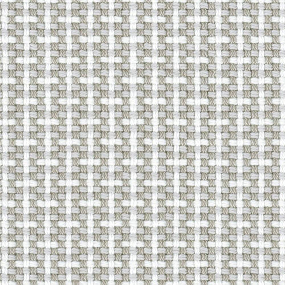 Close-up of beige and white woven upholstery fabric showing a small basket-weave texture and subtle grid pattern; 100% acrylic suitable for contemporary sofa and indoor use.