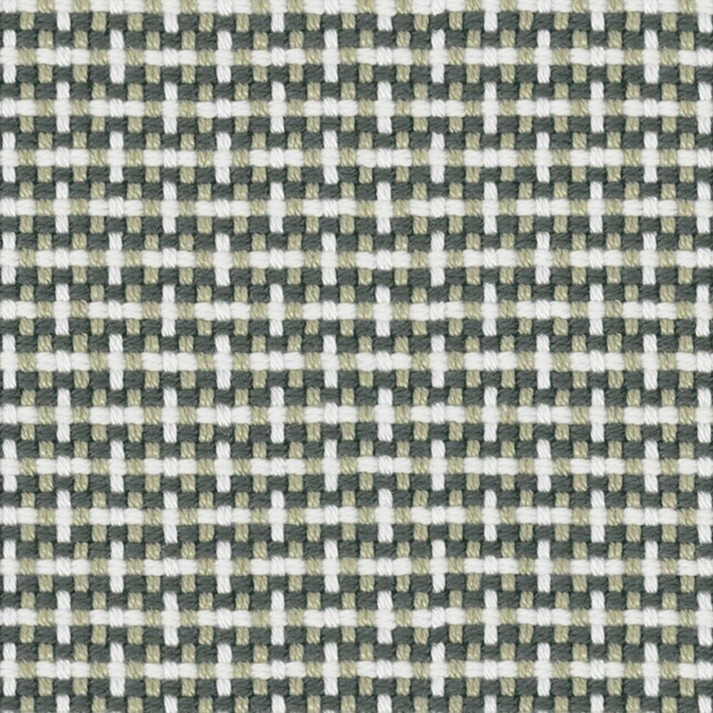 Close-up of 100% acrylic upholstery fabric showing a small woven check pattern in white, beige and muted gray-green yarns, highlighting the textured basket-weave suitable for contemporary and modern sofas.