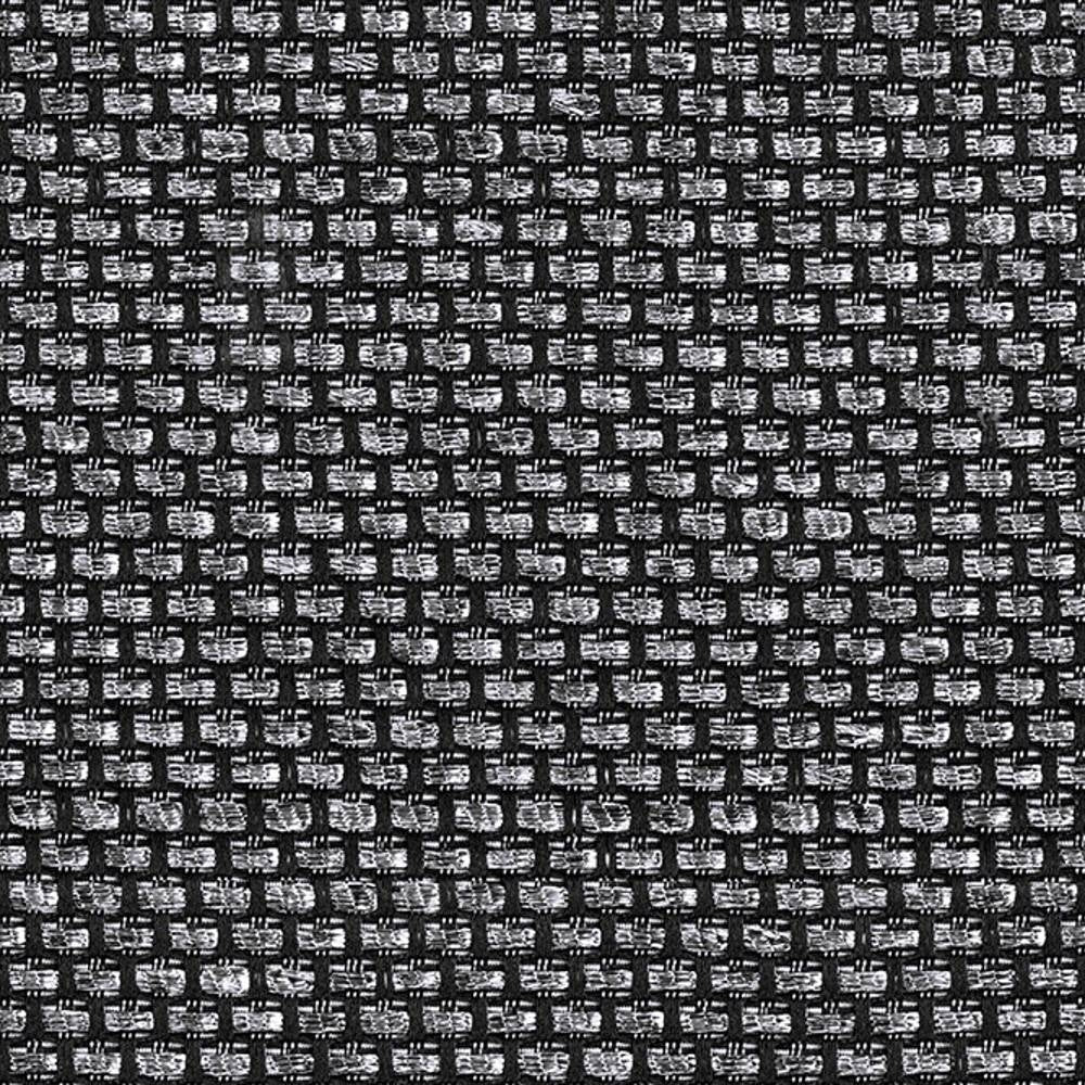 Close-up of 100% polyester sofa upholstery fabric showing a tight black-and-gray basketweave with small rectangular textured yarns, a neutral indoor fabric suitable for sofas.