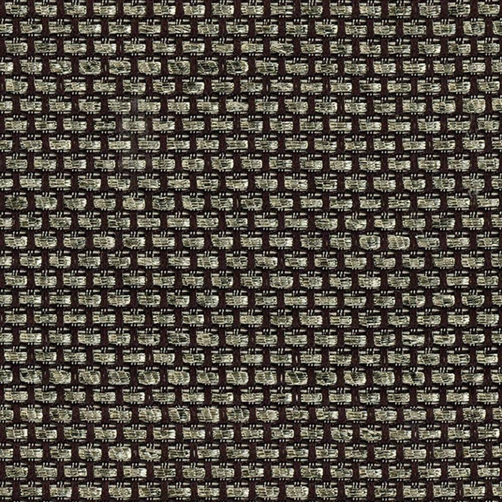 Close-up of a 100% polyester woven upholstery fabric sample in beige and dark brown, showing a tight basketweave texture of rectangular beige slubs on a brown ground, ideal for sofas and indoor upholstery.
