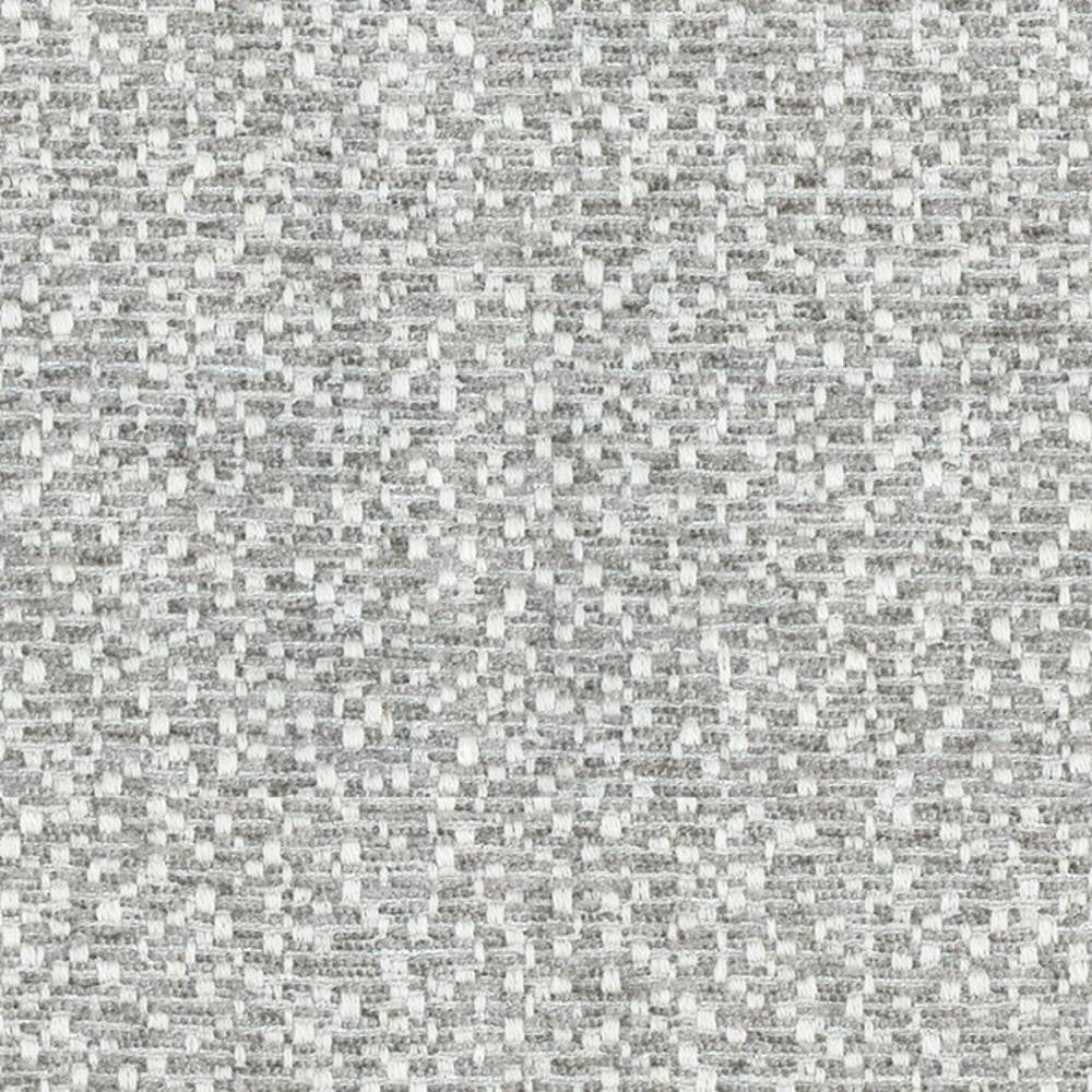 Close-up of a neutral light gray and white woven upholstery fabric swatch in a 70% polyester, 5% linen, 25% viscose blend showing a subtle textured basketweave pattern.