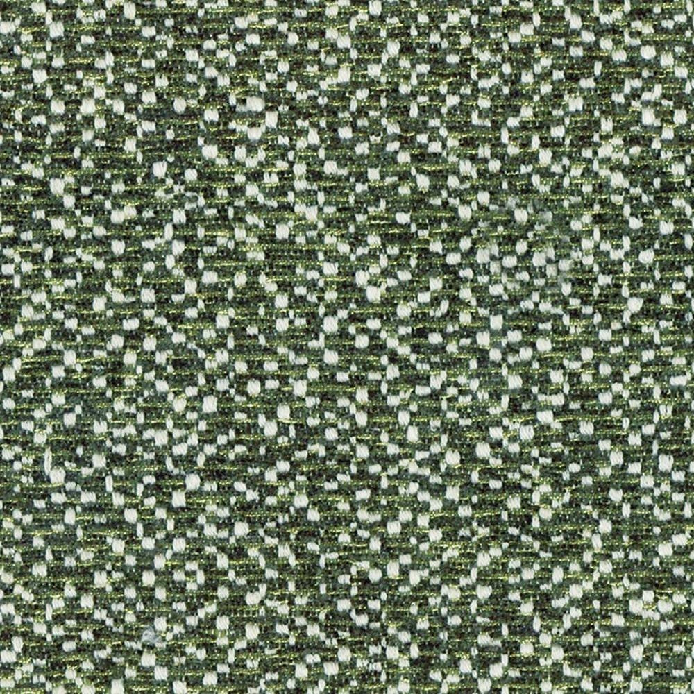 Close-up of green-and-white speckled woven upholstery fabric showing a textured looped weave; 70% polyester, 5% linen and 25% viscose blend suited for contemporary sofas.