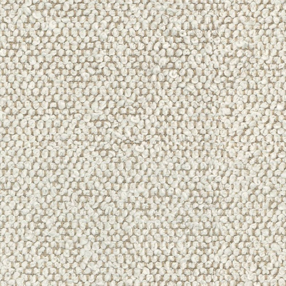 Close-up of cream boucle upholstery fabric showing dense looped texture in 100% polyester, ideal for sofa and indoor upholstery.