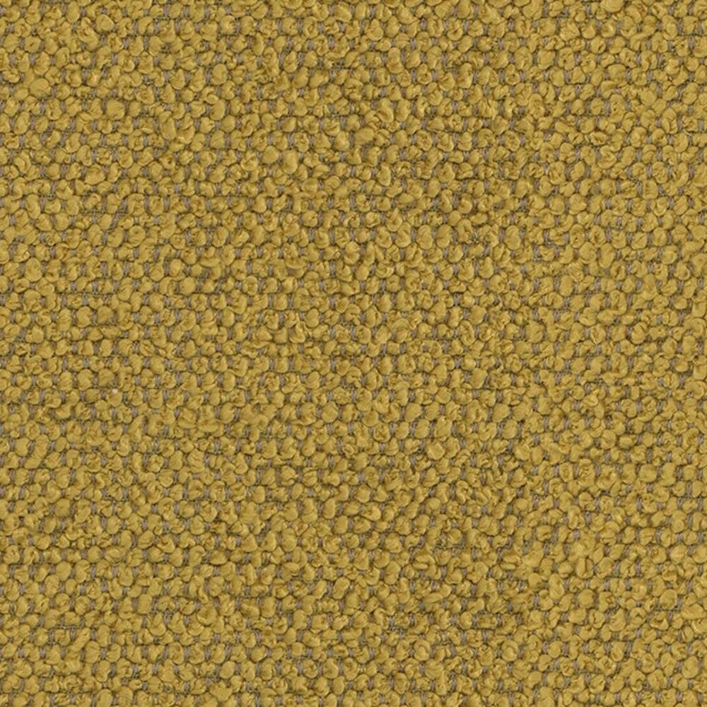 Close-up of mustard-yellow bouclé upholstery fabric in 100% polyester showing tight looped, pebble-like texture ideal for sofas and indoor upholstery.