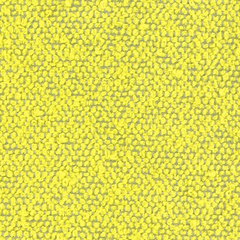 Close-up of bright yellow bouclé upholstery fabric showing dense looped texture, 100% polyester ideal for sofas and Allmodern-style interiors.