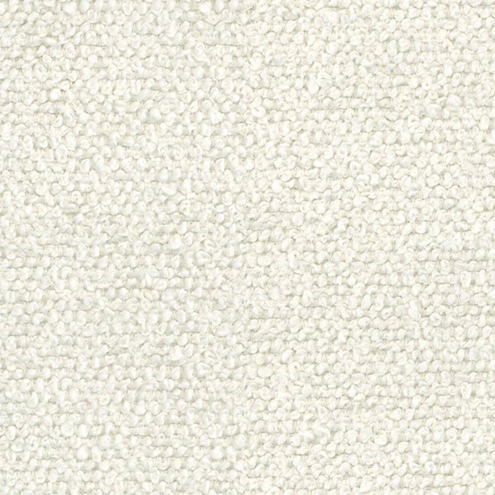 Close-up of cream-white boucle upholstery fabric showing a nubby looped texture; 100% polyester suitable for sofas and indoor upholstery.