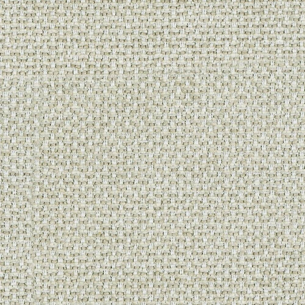 Close-up of neutral beige woven upholstery fabric showing a tight basketweave texture in a 72% polyester, 15% viscose, 5% linen blend, suitable for sofa upholstery.