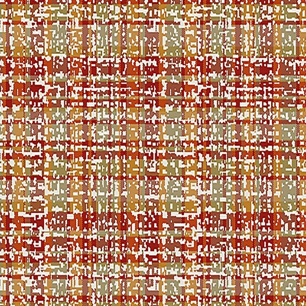 Close-up of a woven upholstery fabric swatch with an abstract plaid/check pattern in rust-red, beige, olive green and white; 75% polyester, 25% viscose, suitable for contemporary sofa upholstery.