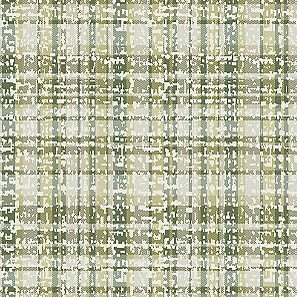 Close-up of contemporary upholstery fabric with a pixelated plaid pattern in olive green, beige and cream, 75% polyester and 25% viscose, shown as a sofa-grade textile.
