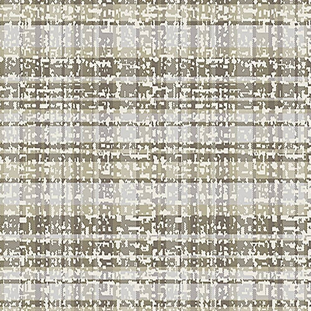 Close-up of beige and greenish-beige abstract pixelated plaid upholstery fabric with taupe and light-gray accents, showing woven texture; contemporary sofa fabric made of 75% polyester and 25% viscose.