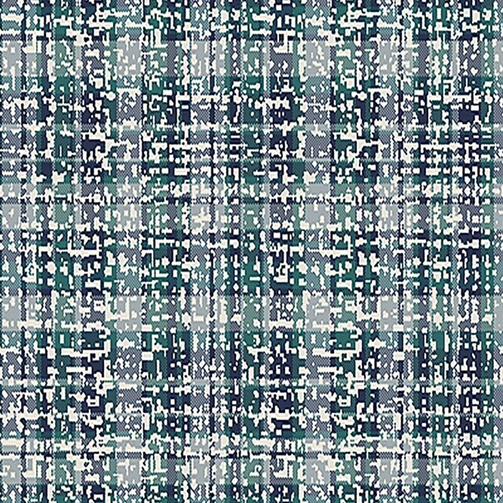 Close-up of contemporary upholstery fabric showing a pixelated plaid pattern in teal green, navy, gray and white; 75% polyester, 25% viscose blend designed for sofa use.
