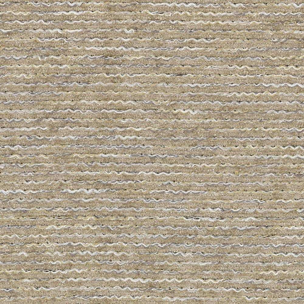 Close-up of beige textured upholstery fabric showing horizontal ribbed loops and subtle off-white and taupe slubs; 55% viscose, 45% polyester blend designed for sofa upholstery.