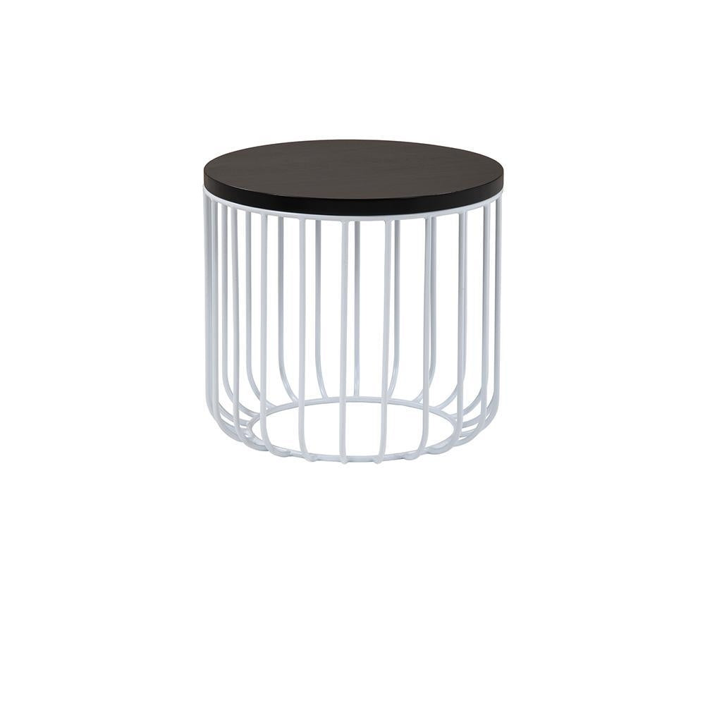 Round side table with a mahogany wood top and white metal wire cage base in a rustic style, shown on a white background.