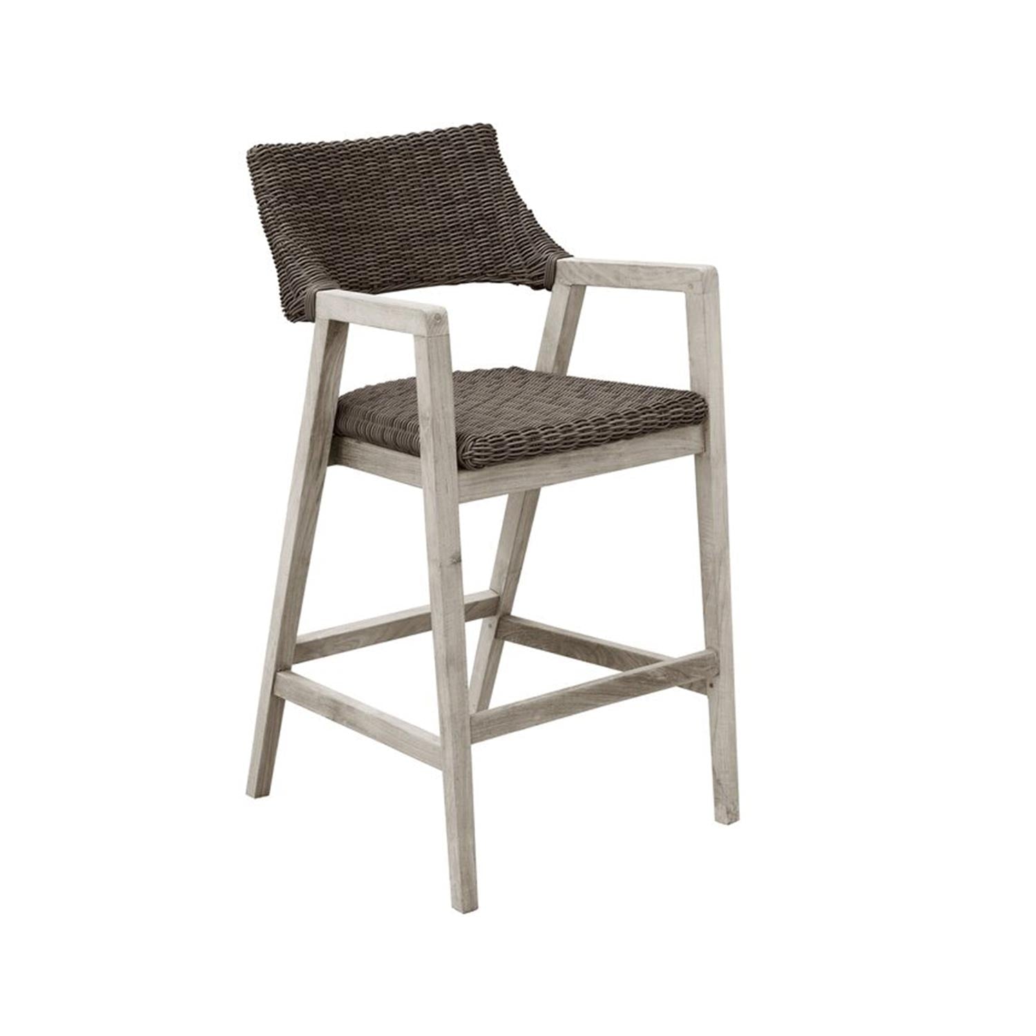 Teak outdoor bar stool with weathered natural finish and gray-brown woven rope seat and backrest, angled legs and integrated armrests shown on a white background.