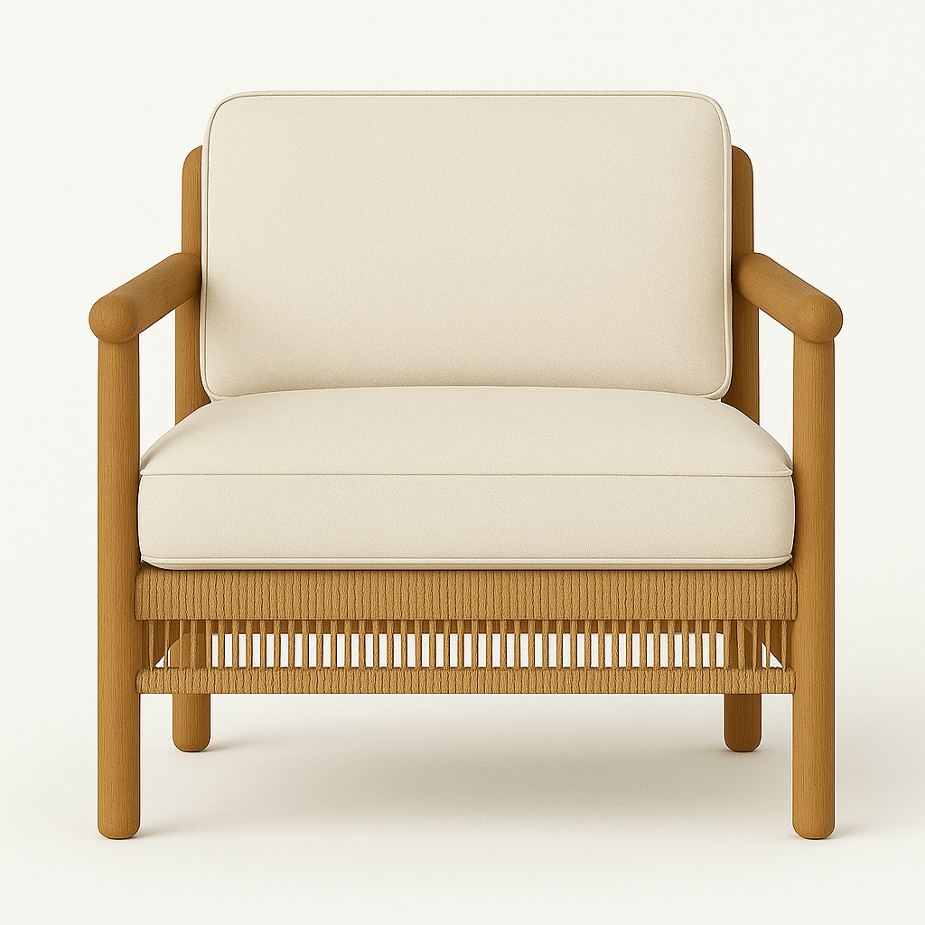 Front view of an outdoor lounge chair with a natural teak frame, rounded armrests and woven base detail, upholstered in cream fabric with thick seat and back cushions in a coastal mid-century modern style.