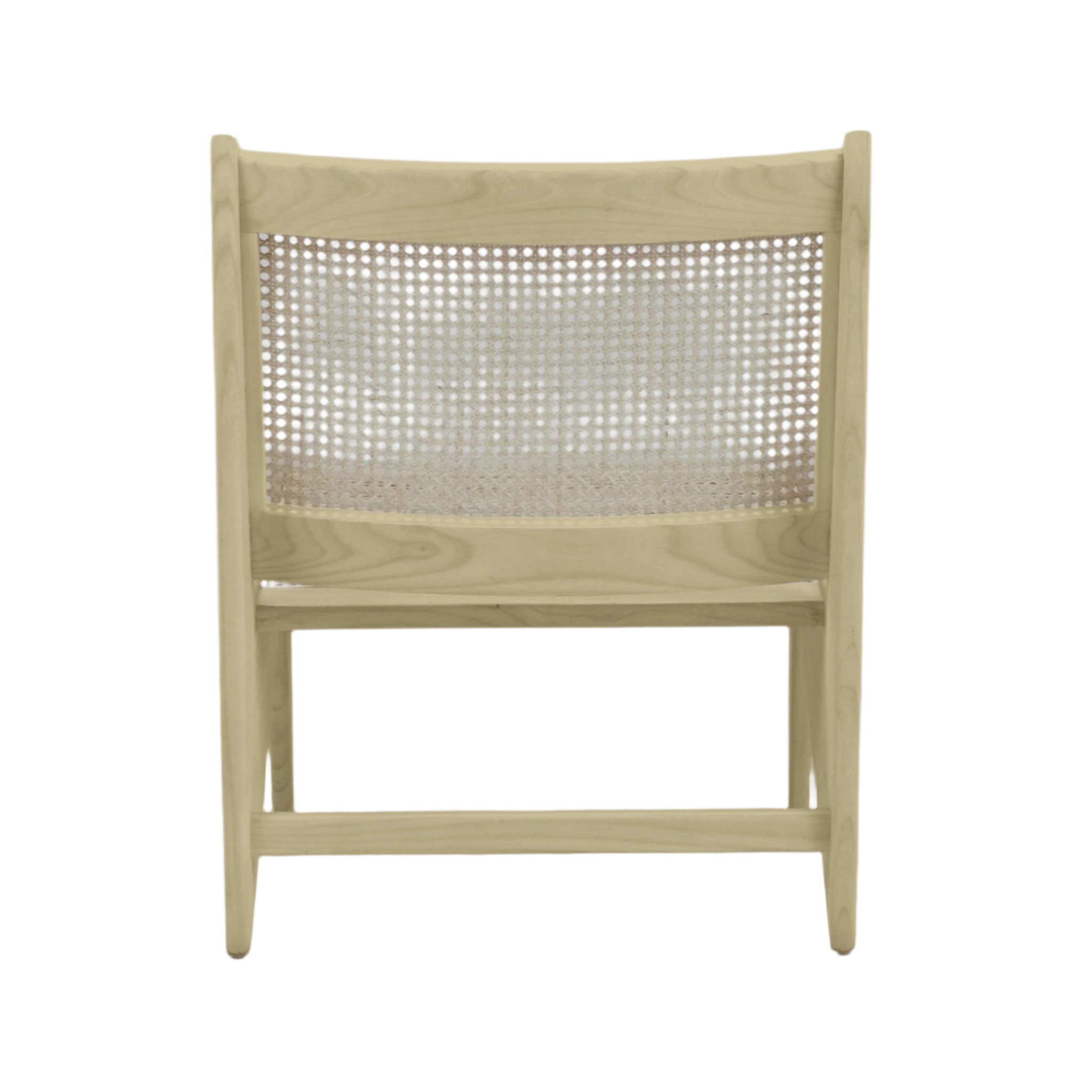 Rear view of a mid-century modern accent chair with a light natural teak frame and woven cane back panel, showing tapered solid wood legs and horizontal stretcher supports.
