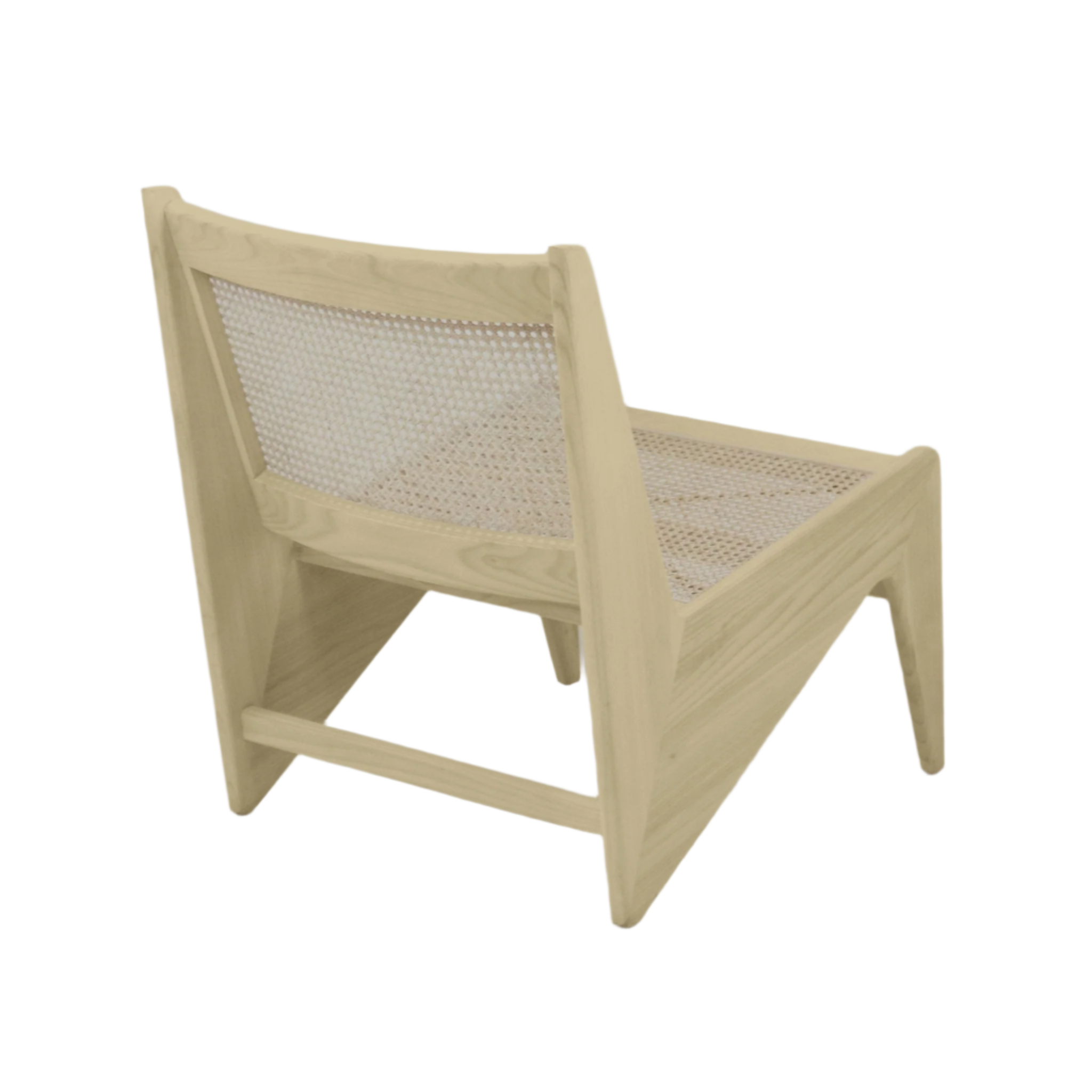 Three-quarter rear view of a low mid-century modern lounge chair in natural teak with woven cane seat and back and a solid wood frame.