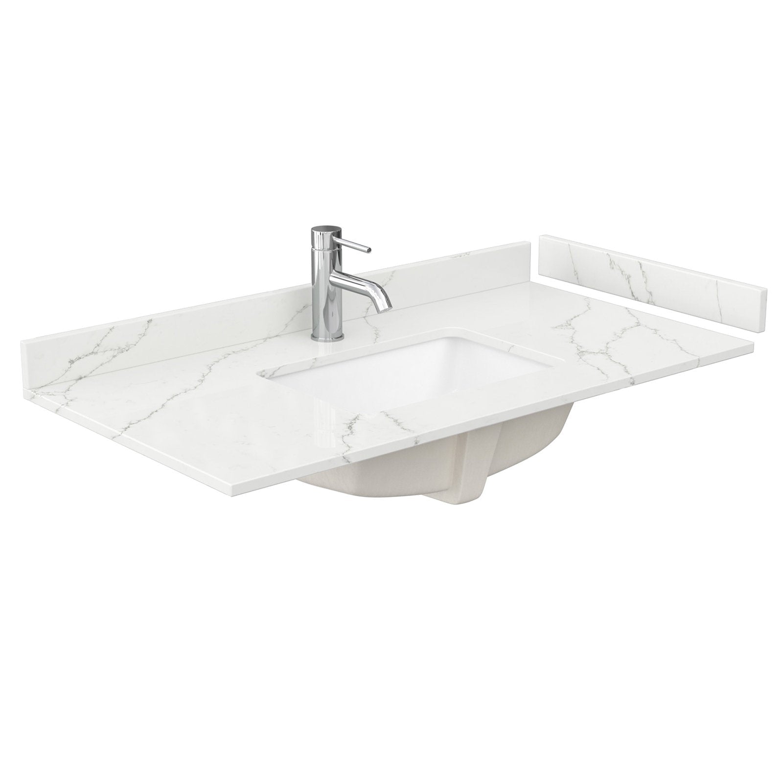 White stone vanity top with subtle gray marble veining, integrated rectangular undermount ceramic sink, chrome single-handle faucet and matching short backsplash shown as a 42-inch counter assembly.