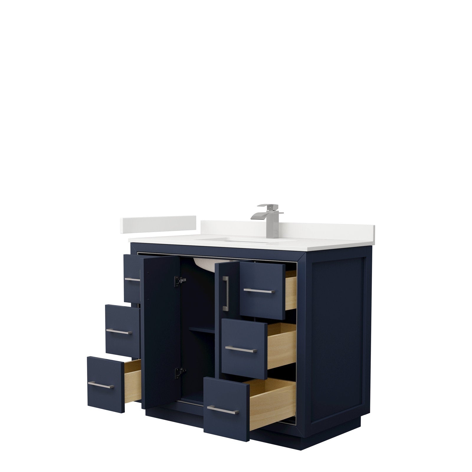 Modern 42-inch solid wood single-sink bathroom vanity in deep navy with a stone-colored quartz top, integrated white ceramic sink, brushed nickel pulls, and multiple drawers and a center cabinet shown open.