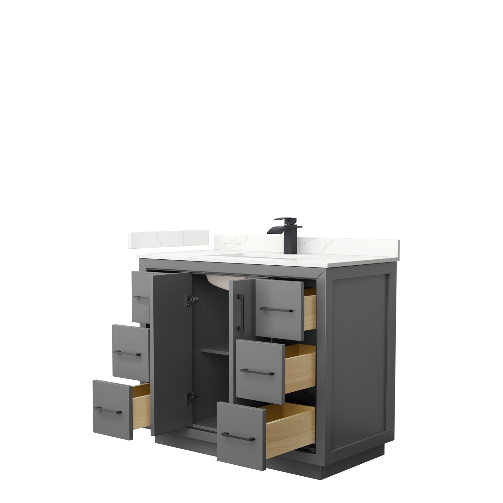 Modern 42-inch solid wood bathroom vanity in stone-gray finish with white stone countertop and integrated single sink, matte black faucet, three drawers per side with natural wood interiors and two center doors revealing storage.