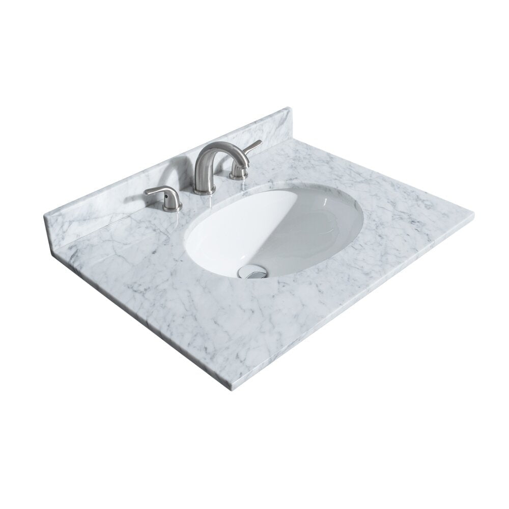 White-and-gray marble stone vanity top with an oval white ceramic undermount sink, brushed-nickel three-piece faucet and handles, short rear backsplash and beveled edge in a modern contemporary style.