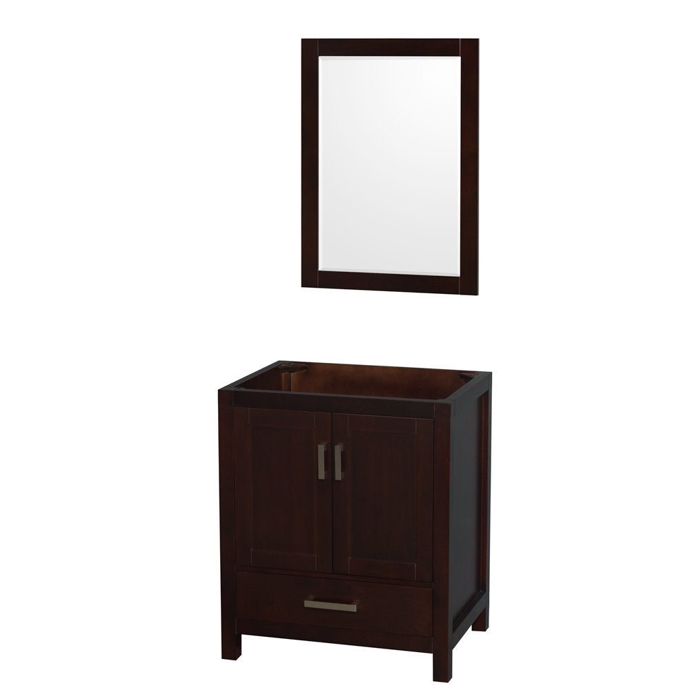 Modern solid wood freestanding bathroom vanity in dark brown finish with two cabinet doors, a lower drawer and recessed stone-top sink cutout, shown with a matching rectangular wood-framed mirror above.
