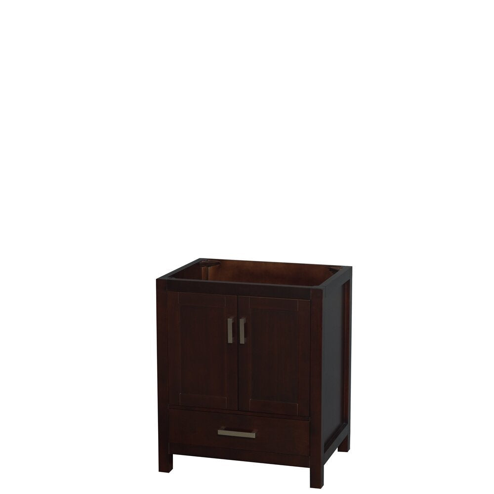 Contemporary solid wood 30-inch single-sink bathroom vanity base in stone finish, freestanding with two doors, a lower drawer and brushed metal handles, shown without countertop or sink.
