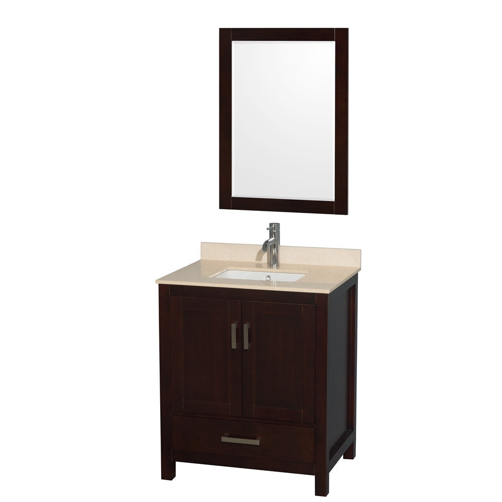 Contemporary 30-inch freestanding single-sink bathroom vanity in dark solid wood with a beige stone countertop, integrated white ceramic sink, chrome faucet, soft-close cabinet doors and matching framed mirror above.