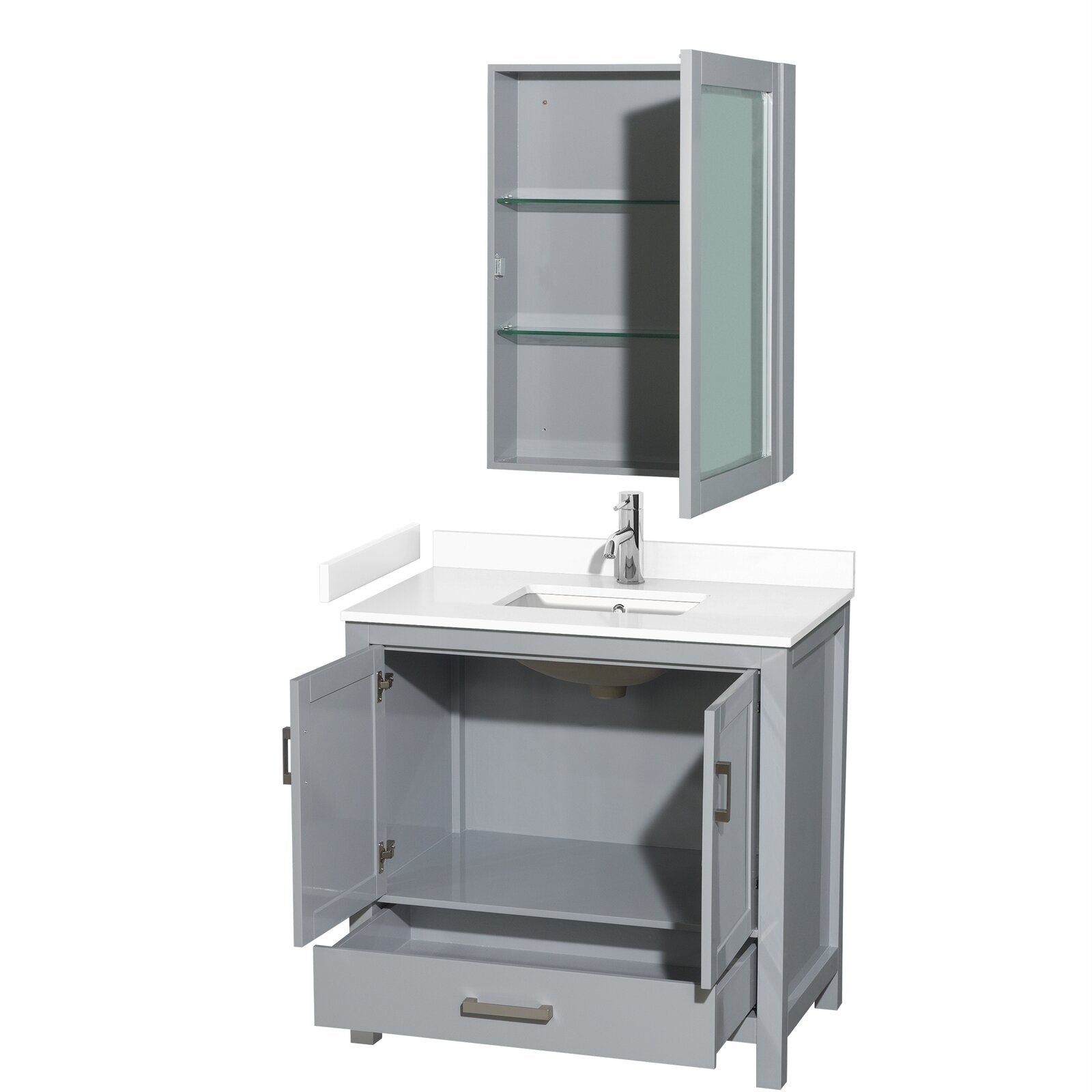 Modern gray solid wood bathroom vanity with white stone countertop and integrated rectangular ceramic sink, chrome single-handle faucet; open base cabinet with interior shelf and drawer, plus matching wall-mounted mirrored medicine cabinet with glass