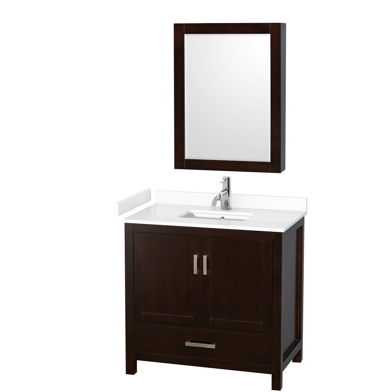 Modern dark wood 36-inch bathroom vanity with white stone countertop and integrated rectangular ceramic sink, chrome single-handle faucet, matching dark wood framed mirror, two-door cabinet and bottom drawer with brushed metal pulls.