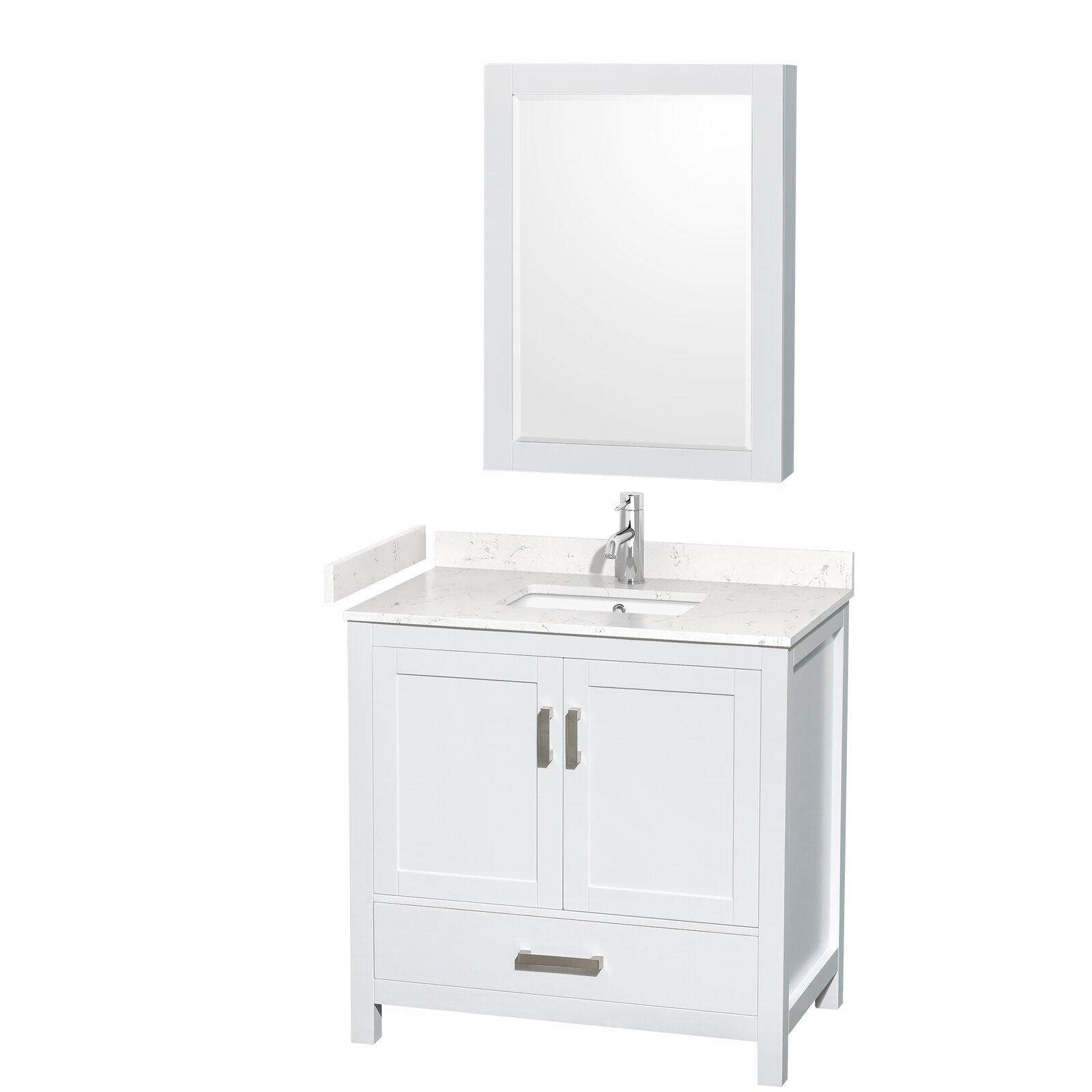 Freestanding modern white wood bathroom vanity with a stone-look marble top and short backsplash, rectangular undermount sink, chrome single-handle faucet, two-door cabinet with lower drawer, and matching white framed mirror.